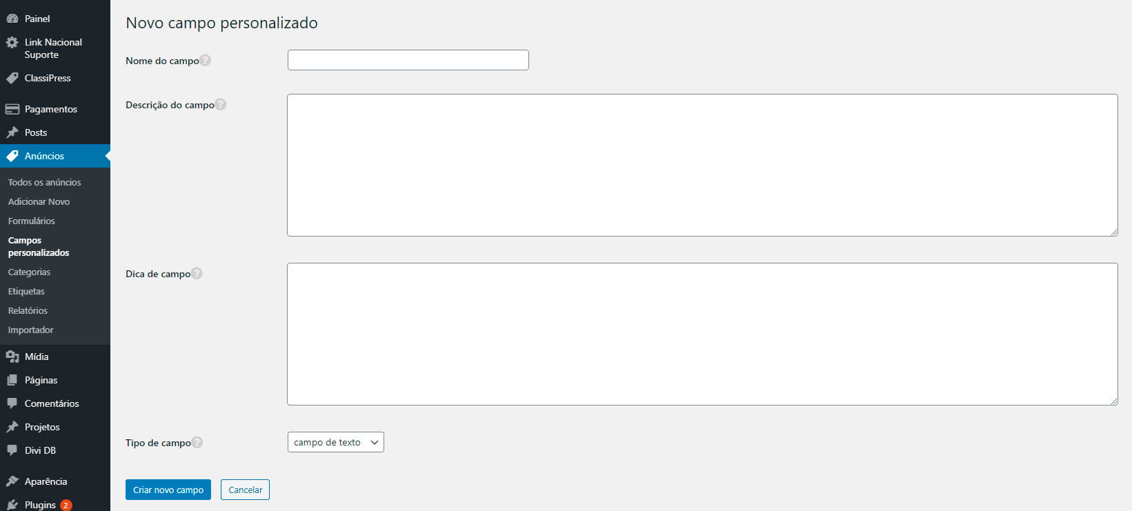 ClassiPress: novo campo personalizado ClassiPress: novo campo personalizado