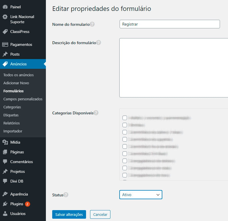 Editar categorias formulários Editar categorias formulários