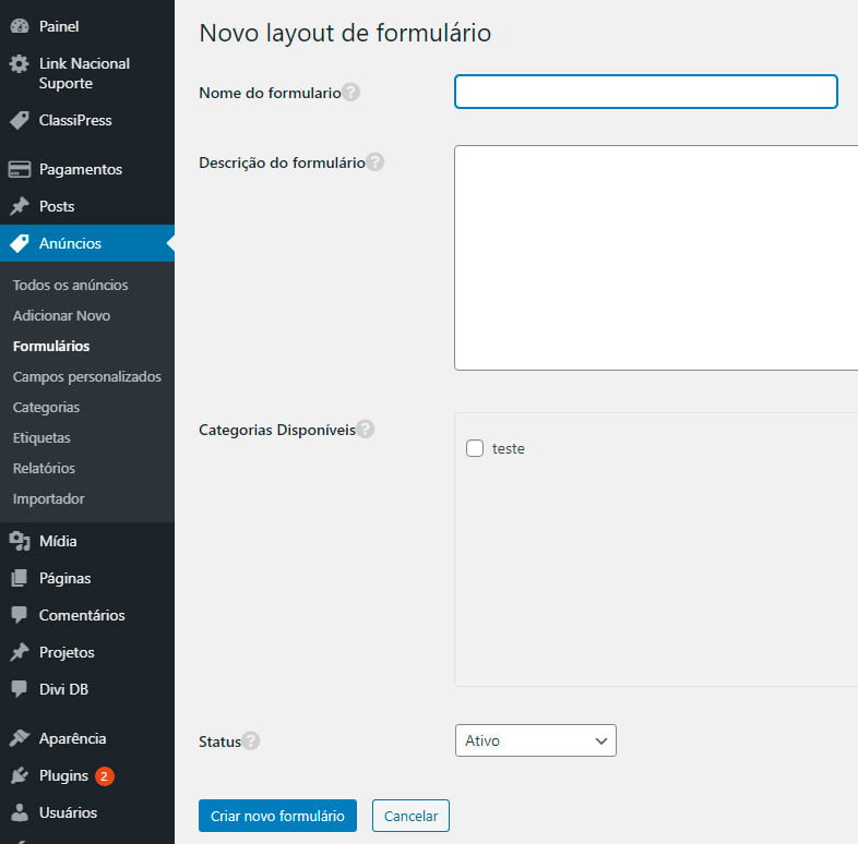 ClassiPress: adicionar novo formulário ClassiPress: adicionar novo formulário