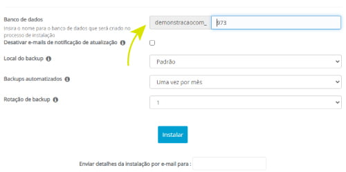 Digite o nome da base de dados ou aceite o nome padrão