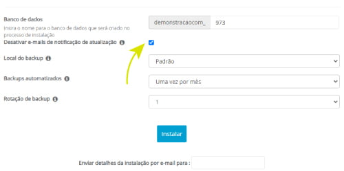 Clique na caixa Desabilitar Notificações de Atualização por E-mail