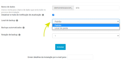 Selecione a pasta de arquivamento de backups