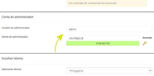 Digite o nome de usuário do administrador e a senha