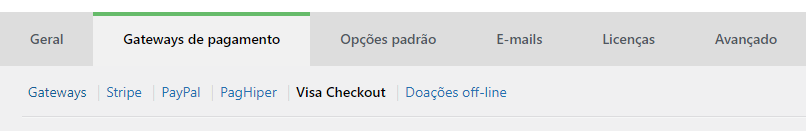 Na seção "Gateways de Pagamento", clique na aba "Visa Checkout" Como configurar as chaves do Visa Checkout no GiveWP?