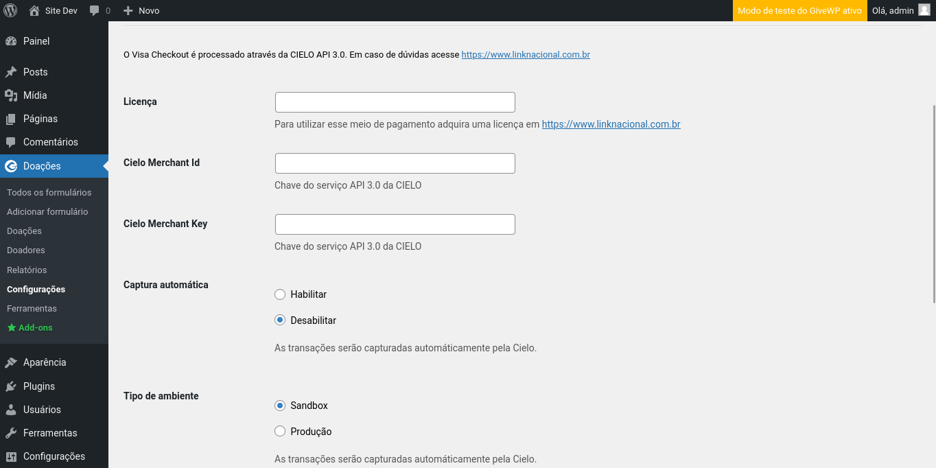 Modo de migração ativado Como configurar as chaves do Visa Checkout no GiveWP?