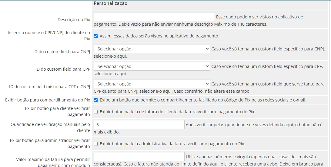 Preenchimentos dos campos de ativação
