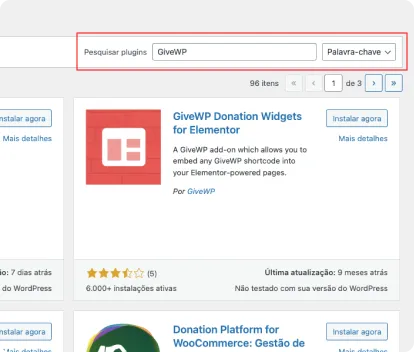 Pesquisando plugin GiveWP Pesquisando plugin GiveWP