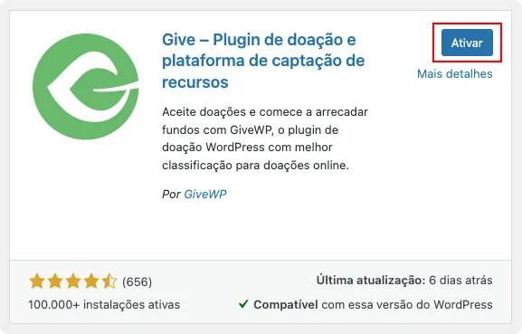 Ativar GiveWP Ativar GiveWP