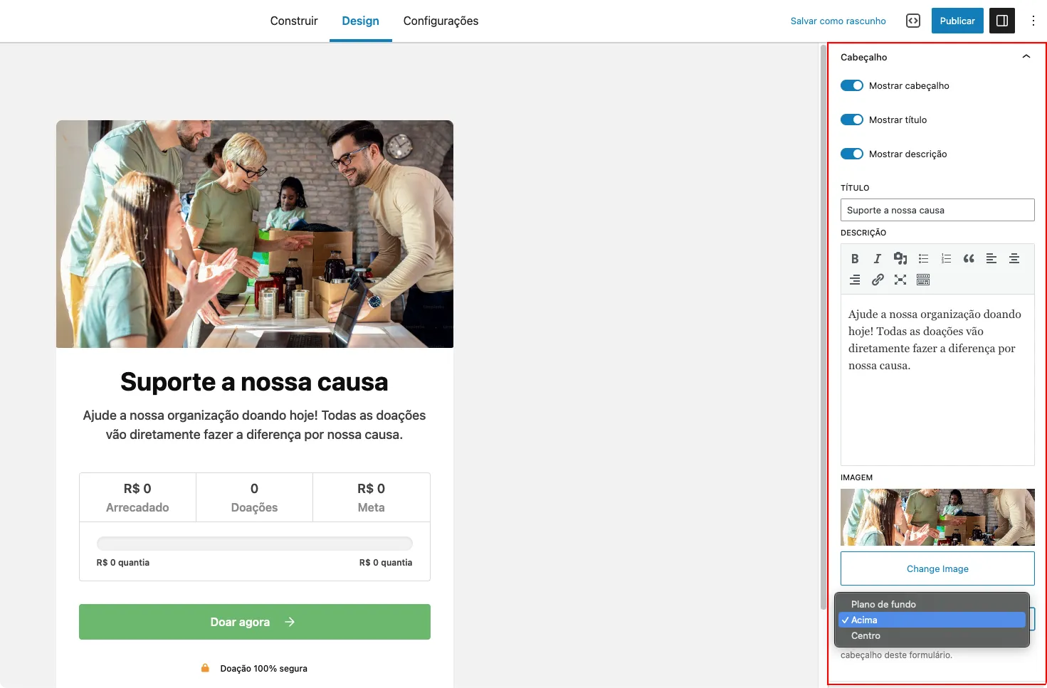 Configurando cabeçalho GiveWP Configurando cabeçalho GiveWP