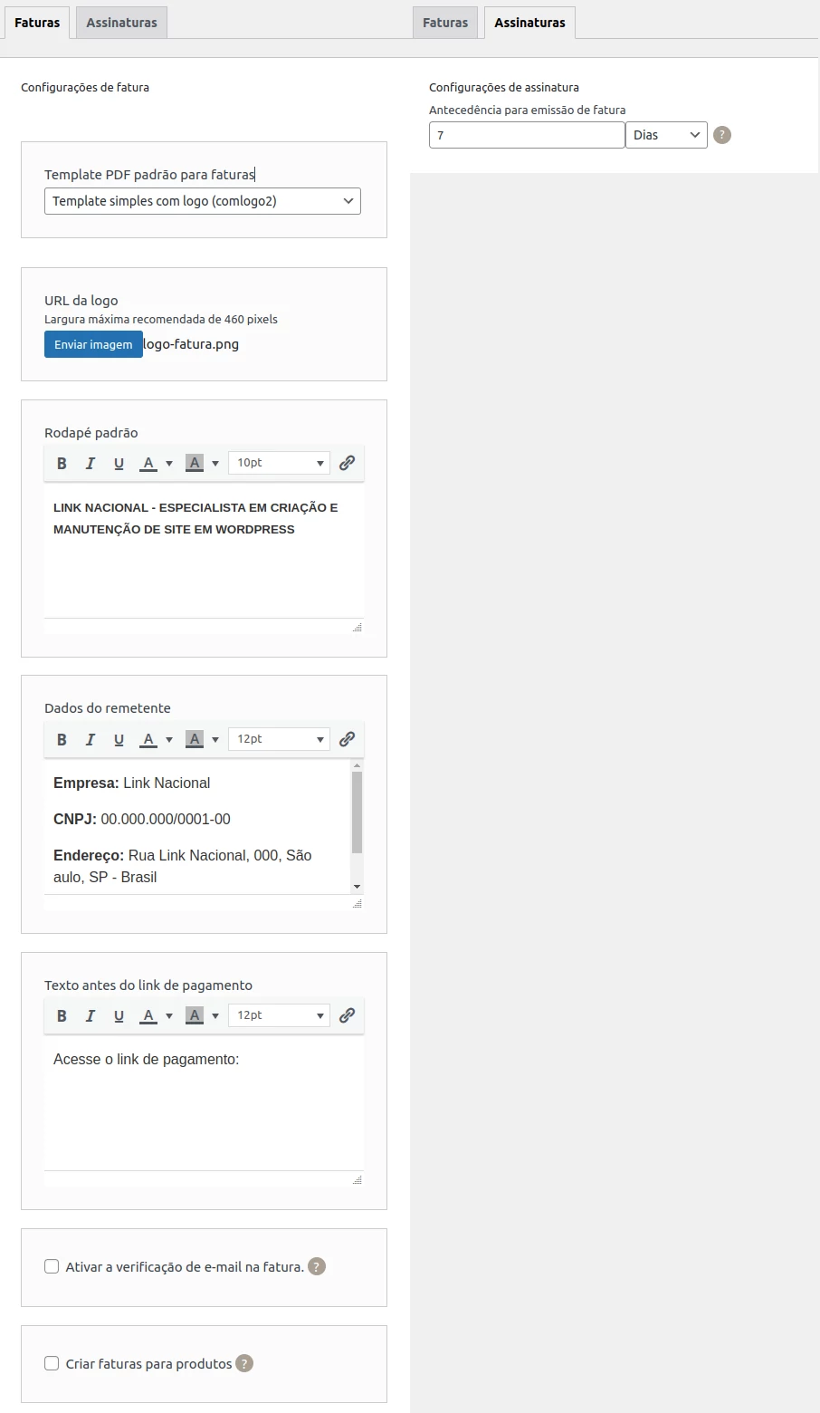 Configurações do Plugin Emissão Faturas Cobranças automáticas para WordPress Configurações do Plugin Emissão Faturas Cobranças automáticas para WordPress