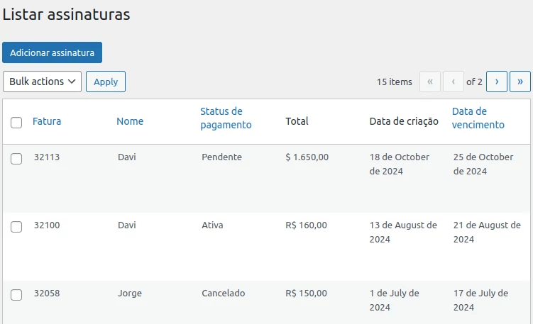 Listar assinaturas e Cobranças automáticas para WordPress Listar assinaturas e Cobranças automáticas para WordPress