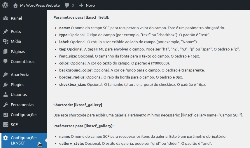 Configurações do Plugin Extensão para ACF e SCF WordPress Configurações do Plugin Extensão para ACF e SCF WordPress