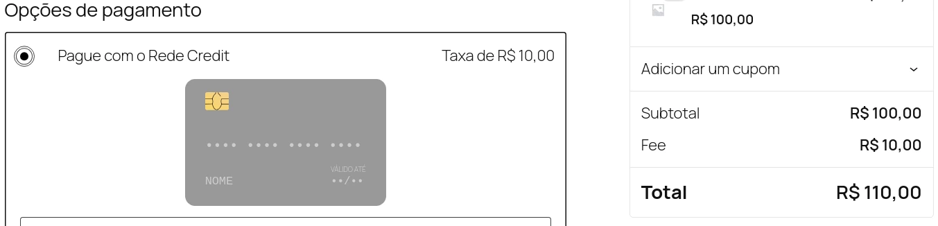 Configure taxa por método de pagamento Configure taxa por método de pagamento