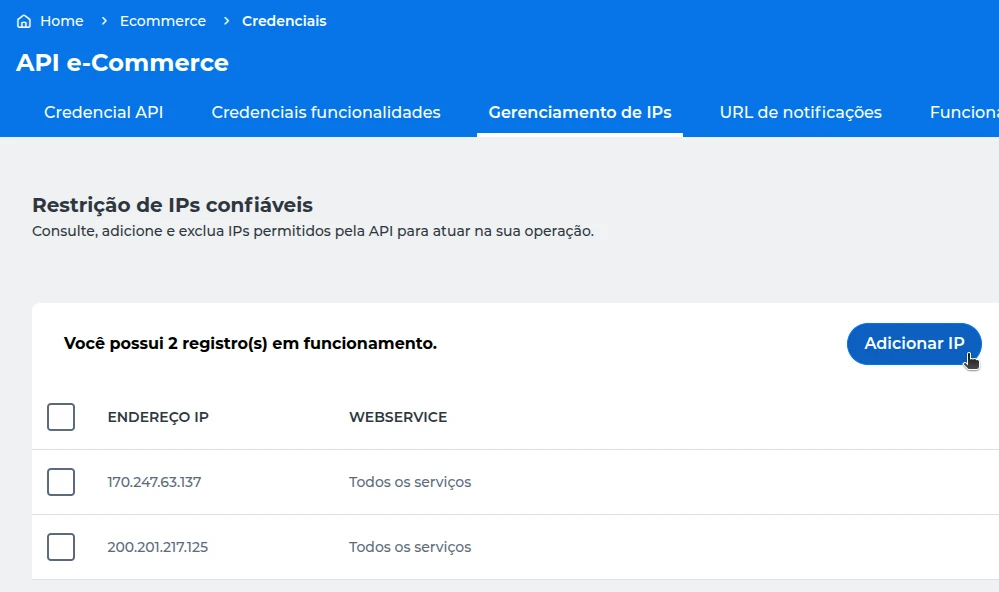 Cielo API E-commerce Gerenciar IPs confiáveis