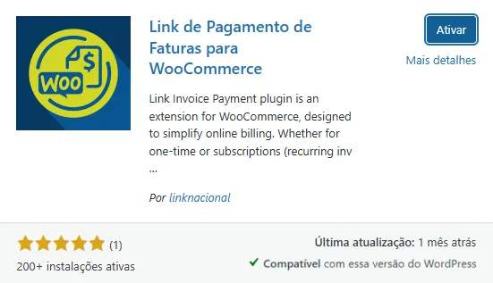 Ativação plugin Link de Pagamento de Faturas para WooCommerce